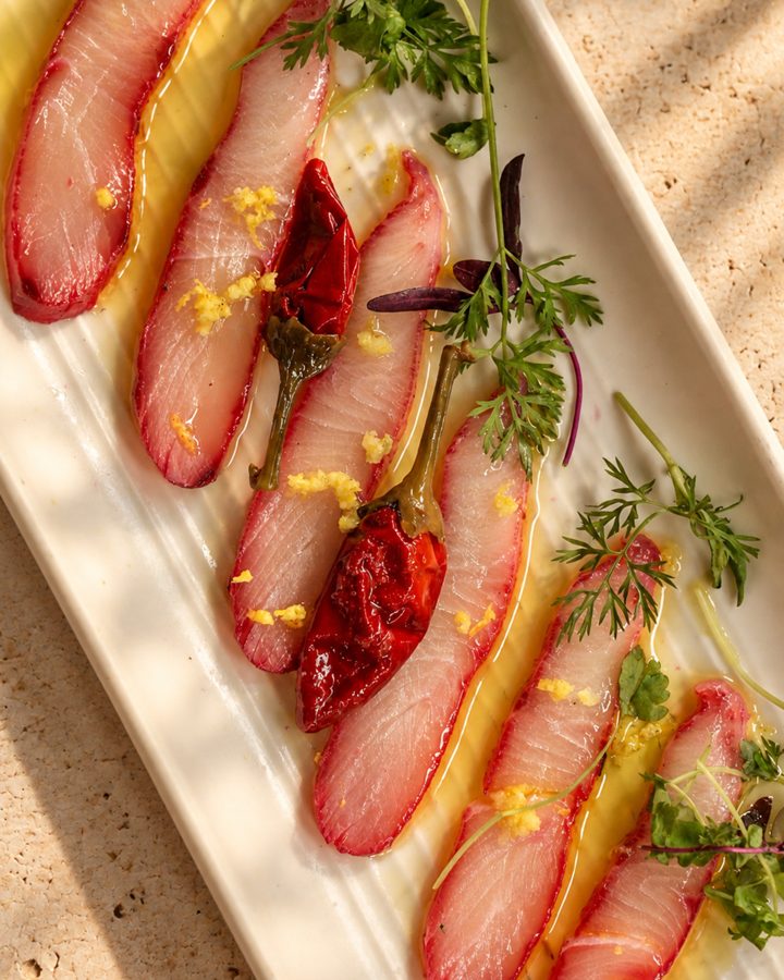 Hamachi crudo with herbs and olive oil